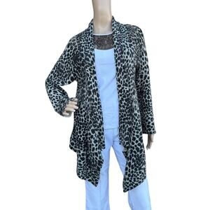 Yvos Black Gray Animal Print Waterfall Open Cardigan Size L